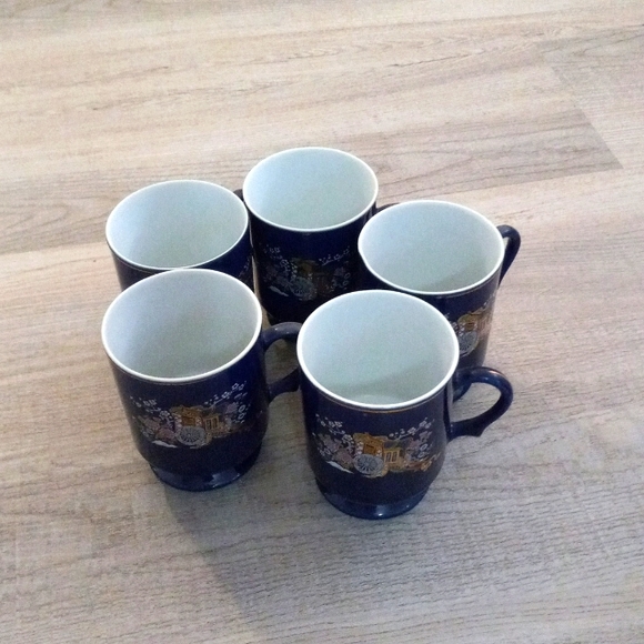 5 Vintage Hand Painted Rickshaw Scene Mugs - Picture 1 of 3
